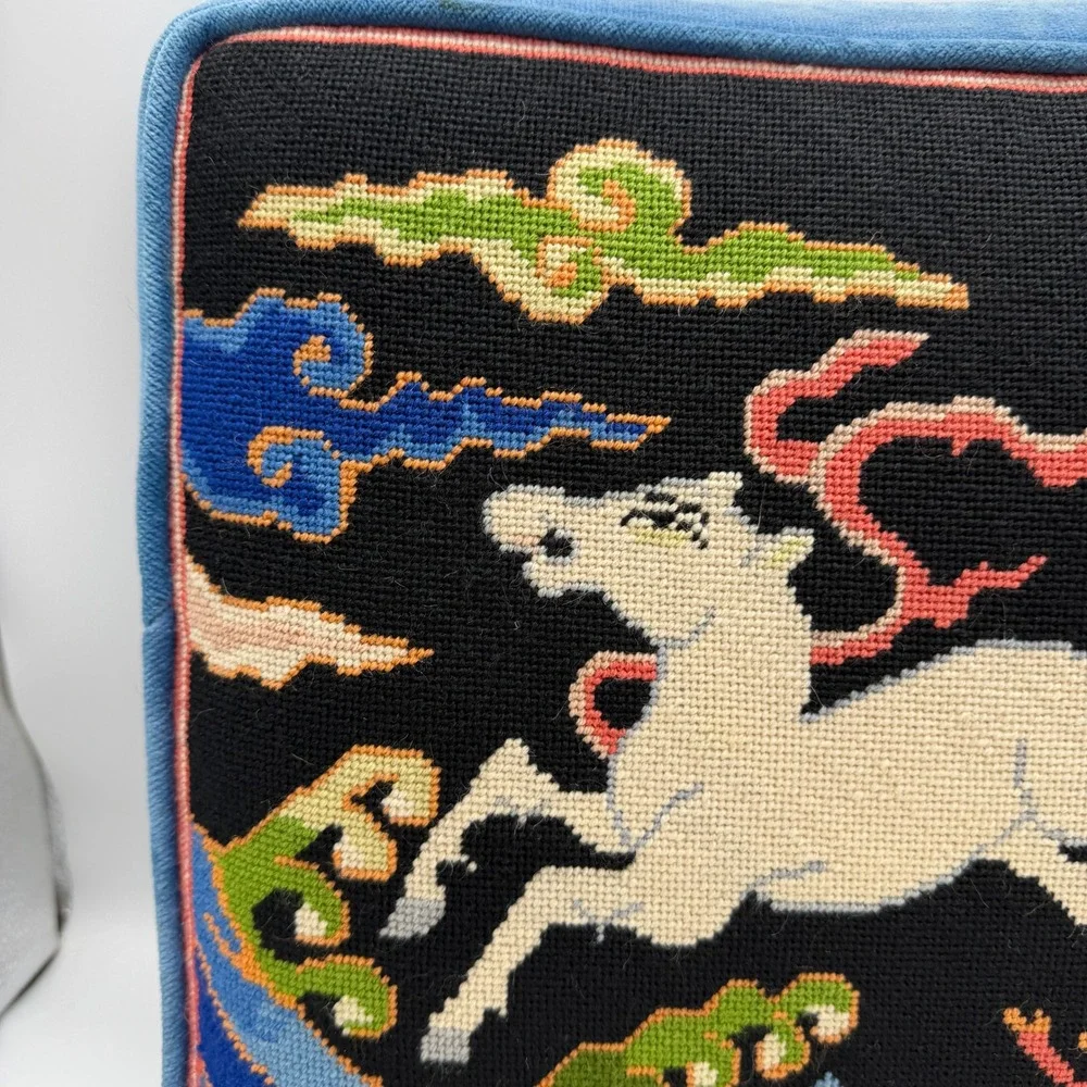 VTG Needlepoint Throw Pillow Mythical White Stag horse Velvet Back Blue Black